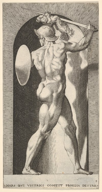 Planche 9 : Mars dans une niche, tenant une épée au-dessus de sa tête avec son bras droit, et un bouclier, 1526 - Giovanni Jacopo Caraglio