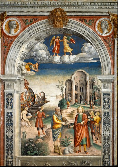 Signe du Zodiaque : Les Gémeaux. En dessous, légende associée à la naissance de la constellation correspondant au signe : deux hommes échangent un artichaut et des fleurs. Une femme embrasse un oiseau, des hommes en arrière-plan accompagnent le dieu Neptun - Giovanni Maria Falconetto