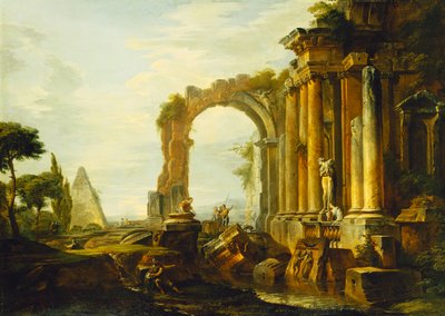 Un caprice de ruines classiques avec la pyramide de Cestius et des figures dans un paysage - Giovanni Paolo Pannini