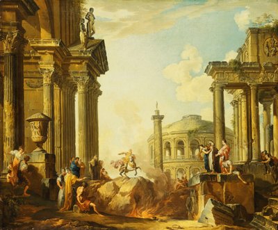 Marcus Curtius sautant dans le gouffre, un caprice avec la colonne de Trajan et d