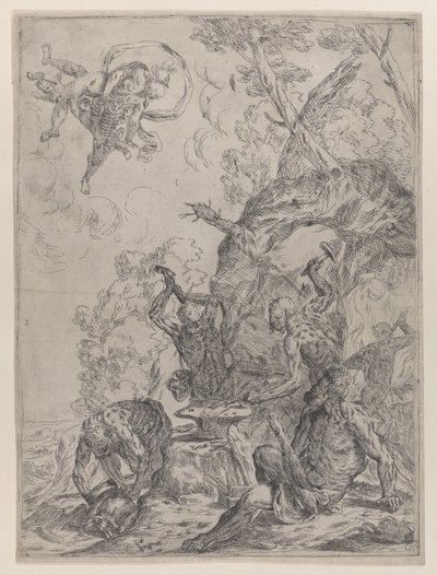 La forge de Vulcain avec des forgerons frappant une enclume avec des marteaux..., 1640-59 - Giovanni Pietro Possenti