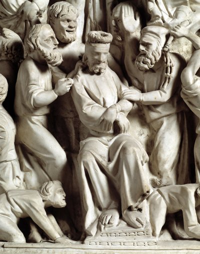 Détail des reliefs de la chaire réalisée par Giovanni Pisano (1248-1314) : Jésus moqué (détail) 1302-1311 Cathédrale de Pise (Duomo di Pisa), Italie - Giovanni Pisano