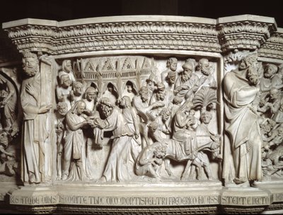 Détail des reliefs de la chaire réalisée par Giovanni Pisano (1248-1314) : la présentation de Jésus au temple et la fuite en Égypte (détail) 1302-1311 Cathédrale de Pise (Duomo di Pisa), Italie - Giovanni Pisano