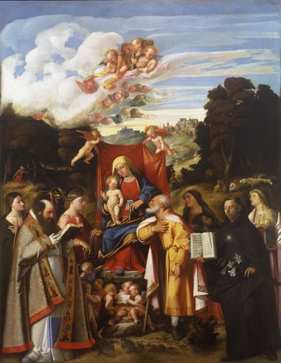 Madone en majesté avec anges, Sainte Apollonie, Saint Augustin, Sainte Catherine, Saint Joseph, Sainte Grata, Saint Philippe Benizzi et Sainte Barbara (Retable de Saint-Gothard) - Giovanni de Busi Cariani