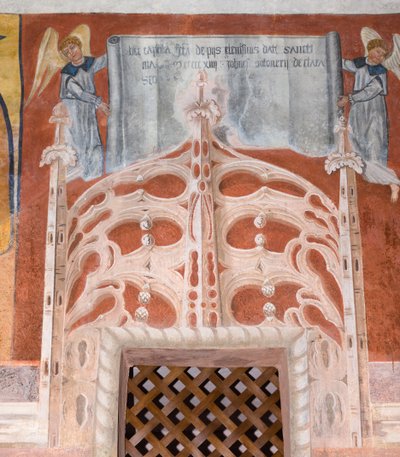 Inscription dédicatoire de Botoneri « Cette chapelle de San Magno a été faite avec des aumônes dévouées » - Giovanni di Cherasco Botoneri
