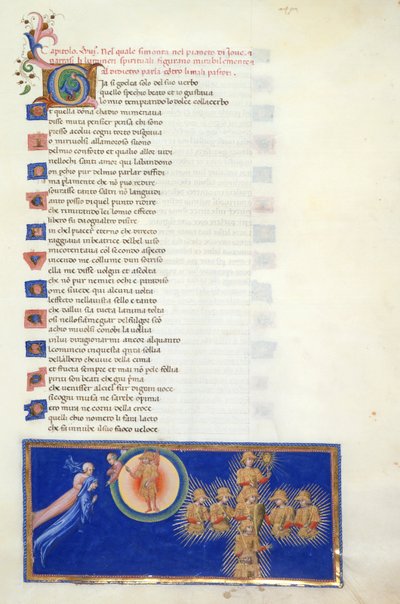 Paradiso, Chant XVIII. Miniature montrant Dante et Béatrice flottant devant la demi-figure de Cacciaguida, qui est à la périphérie du Ciel de Mars, avec la figure ailée de Mars en son centre. Dante est montré les huit saints guerriers qui apparaissent - Giovanni di Paolo