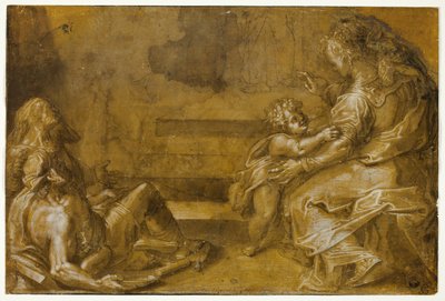 Deux mendiants allongés, et mère et enfant assis, au pied des marches - Girolamo Macchietti