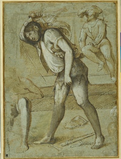 Un bourreau sur le point de décapiter un saint barbu (encre brune et lavis avec couleur blanche sur papier) - Girolamo Romanino