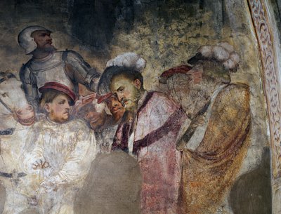Soldat en armure et hommes portant des chapeaux, (détail) d