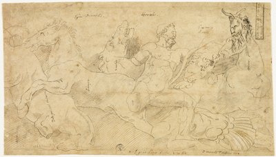 Relief antique avec Hercule et les juments de Diomède (recto) ; Deux esquisses : Satyre drapé et figure féminine ailée (verso) - Girolamo da Carpi