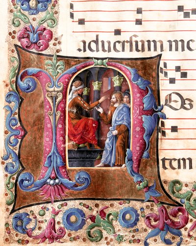 Lettrine décorée représentant Jésus-Christ devant Ponce Pilate. Miniature de Girolamo da Cremona et Liberale da Verona d