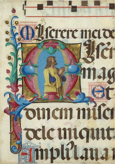 Enluminure de manuscrit avec David en prière dans une initiale M, d