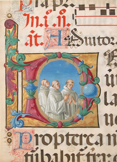 Enluminure de manuscrit avec des moines chantant dans une initiale D, d