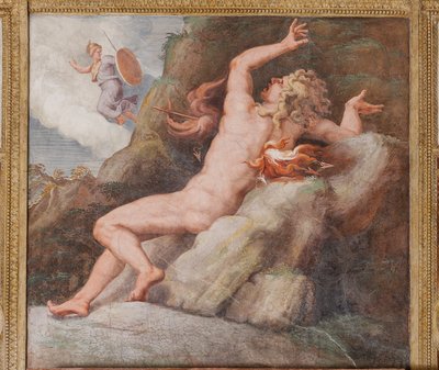 Ajax empalé par un éclair de feu sur un rocher pointu, Le Cheval de Troie, Chambre de Troie (Sala di Troia) - Giulio (and workshop) Romano