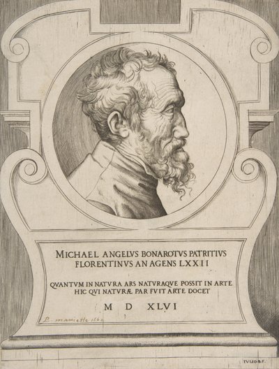 Portrait en buste de Michel-Ange tourné vers la droite, dans un cartouche - Giulio Bonasone
