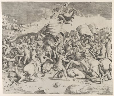 Constantin vainquant le tyran Maxence, des anges portant des épées volent au-dessus, 1544 - Giulio Bonasone