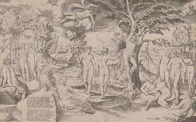 Cupidon dans les Champs Élysées attaché à un arbre au centre, entouré de nombreuses figures, 1563 - Giulio Bonasone