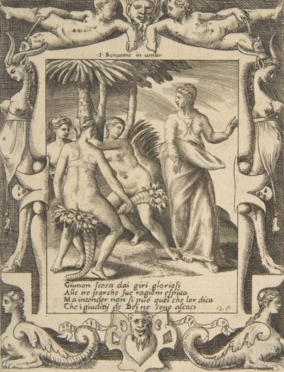 Junon à droite se tournant et parlant aux Parques, dans un cadre élaboré, vers 1531-76 - Giulio Bonasone