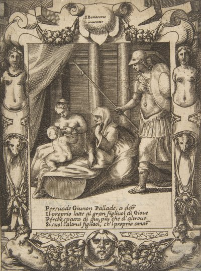Junon persuadant Athéna de nourrir le jeune Hercule, dans un cadre élaboré, vers 1531-76 - Giulio Bonasone
