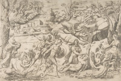 Mars et Rhéa Silvia : au centre Mars tient un bouclier et une épée, Rhéa Silvia dort..., vers 1531-76 - Giulio Bonasone