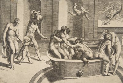 Hommes et femmes se baignant, certains s