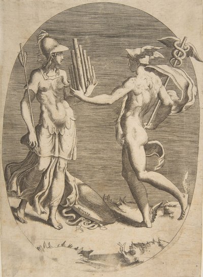 Mercure présentant une flûte de Pan à Minerve qui se tient à gauche, une composition ovale, 1531-76 - Giulio Bonasone