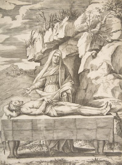 Pietà, Christ étendu sur une table dans un paysage, la Vierge debout derrière bras ouverts, 1531-76 - Giulio Bonasone