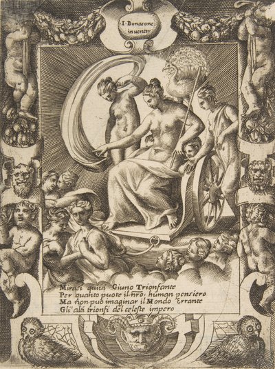 Le triomphe de Junon assise dans un char, dans un cadre élaboré - Giulio Bonasone