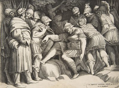 Le soldat blessé Scipion au centre entouré de figures, 1531-76 - Giulio Bonasone