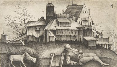 Le vieux berger allongé dans un paysage, bâtiments derrière, une chèvre et un mouton, vers 1500-1515 - Giulio Campagnola