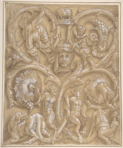 Conception pour un panneau ornemental avec rinceaux, satyres, putti, monstres et une tête humaine, 1535-45 - Giulio Campi.