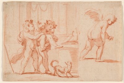 Deux putti portant un troisième putto; un autre putto de dos - Giulio Carpioni