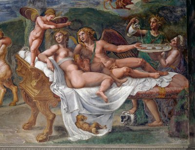 Cupidon et Psyché avec leur fille Voluptas (Plaisir) allongés sur un lit, détail du Festin de noces ou Banquet des dieux, fresque de Giulio Romano (1499-1546), Palazzo Te, Mantoue (Liste du patrimoine mondial de l