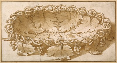 Conception pour un bol à fruits ovale, avec des vrilles de vigne, des feuilles et des raisins - Giulio Romano