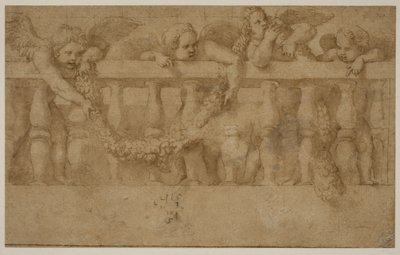 Quatre putti ailés décorant une balustrade avec des guirlandes - Giulio Romano