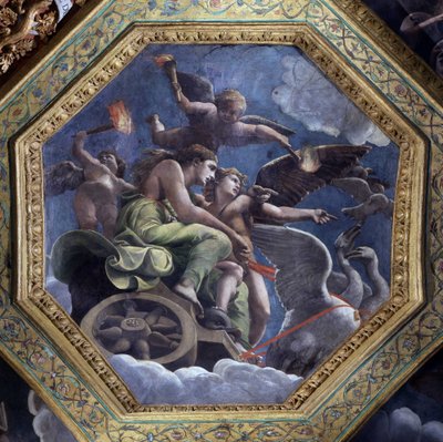 Vénus furieuse désigne Psyché à Cupidon pour la punir. Fresque de Giulio Pippi de