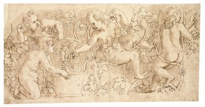 Putti cueillant des raisins : Dessin pour une frise - Giulio Romano
