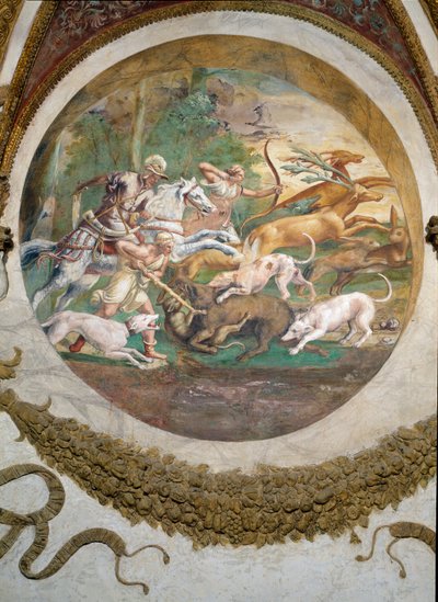 Scène montrant que ceux nés sous le signe du Cancer en conjonction avec la constellation de Mars seront habiles à la chasse et à la pêche, symbolisée par une scène de chasse, de la Camera dei Venti - Giulio Romano
