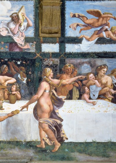 Le banquet rustique célébrant le mariage de Cupidon et Psyché, avec les trois lunettes au-dessus représentant une des épreuves de Psyché pour ramener de l