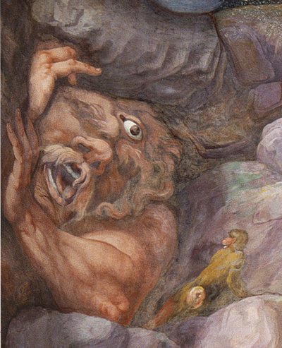 (détail) du cyclope, de la destruction des géants par les foudres de Jupiter, Sala dei Giganti - Giulio workshop of Romano