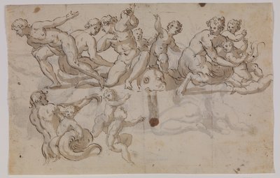 Hippocampes, tritons et putti chevauchant des dauphins - Giuseppe Alabardi