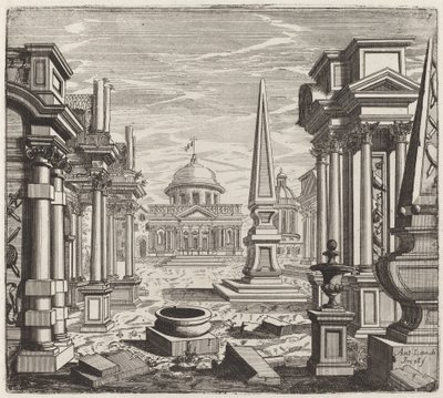 Fantaisie architecturale avec obélisques, ruines et une piazza - Giuseppe Antonio Landi