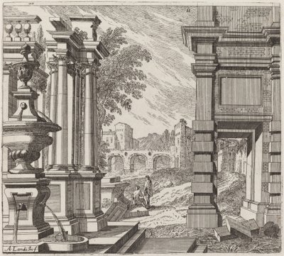 Fantaisie Architecturale avec une Fontaine, des Ruines Classiques et un Pont - Giuseppe Antonio Landi