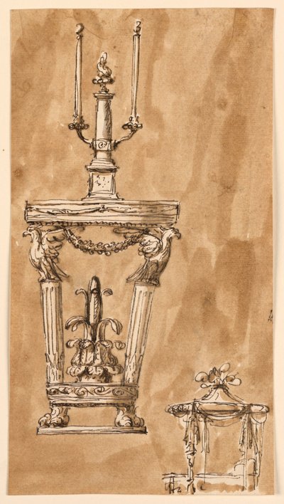 Conception pour une table console avec chandelier et un lit - Giuseppe Barberi
