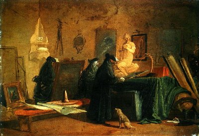 Connaisseurs en costume de carnaval dans un intérieur avec des tableaux et des objets d