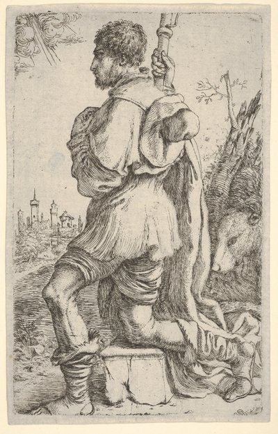 Saint Roch, agenouillé sur une pierre, vu de côté avec son chien derrière lui et une ville, 1620-30 - Giuseppe Caletti