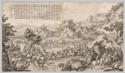 Attaque du camp à Gatan Ola : des scènes de bataille de la répression des rébellions dans la région occidentale, avec des poèmes impériaux - Giuseppe Castiglione