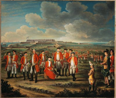 Lady Louisa Lennox avec le régiment de son mari, 25e régiment de pied, avec Lord George Lennox à ses côtés, et Fort St Philip, Port Mahon, en arrière-plan, vers 1771 - Giuseppe Chiesa
