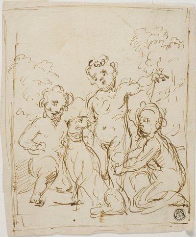 Trois putti et un chien dans un paysage - Giuseppe Diamantini