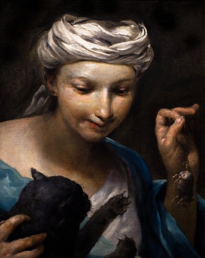 Petite fille jouant avec un chat et une souris morte (détail) - Giuseppe Maria (1665-1747) Crespi